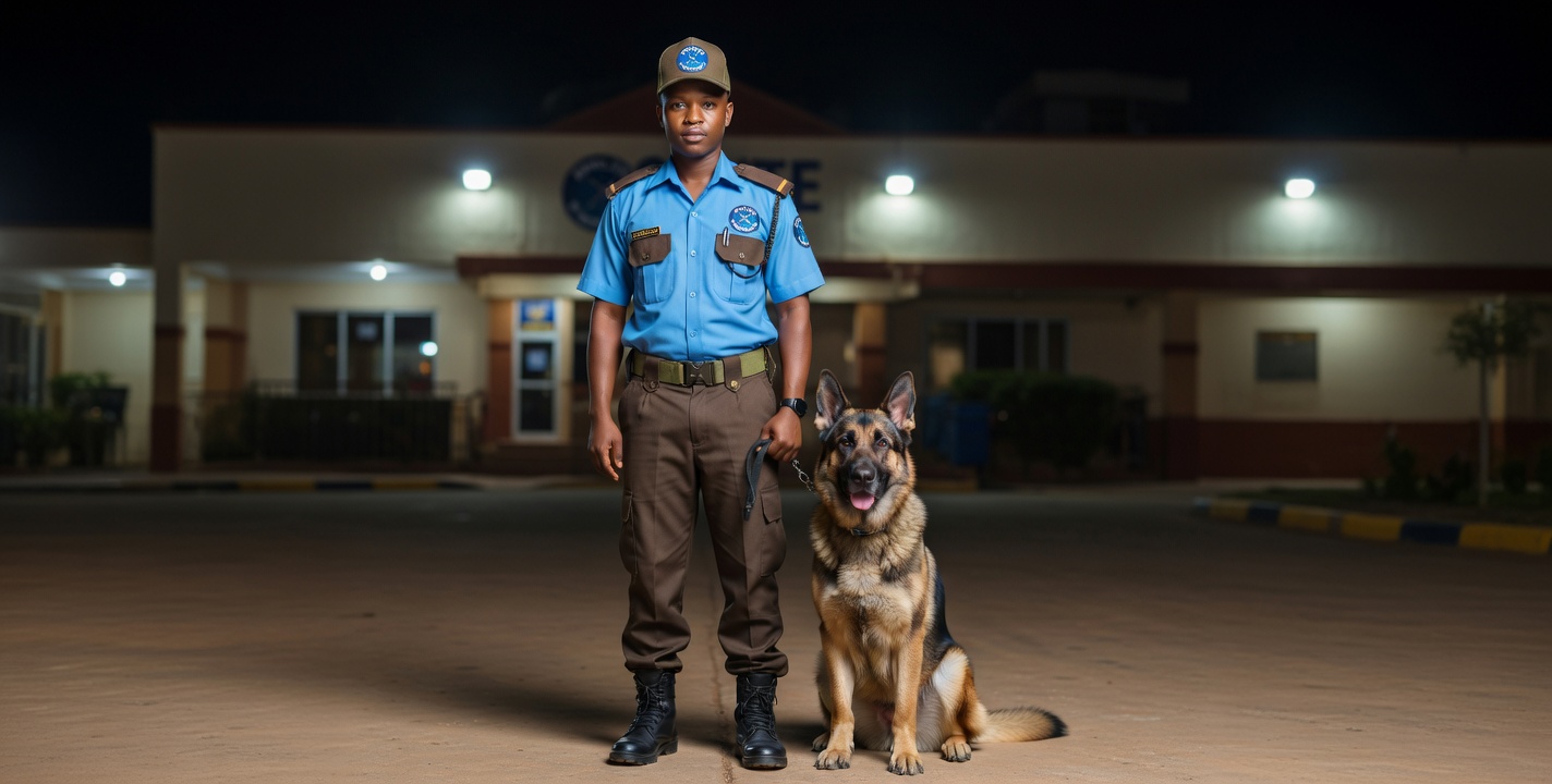 Resolute Security K9 officer with German Shepherd on patrol